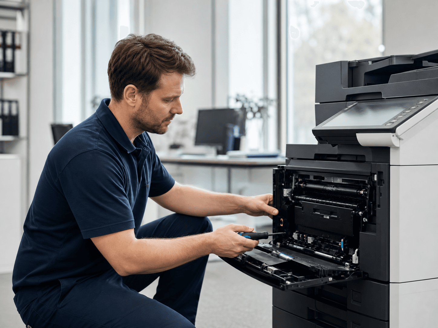 Servicetechniker bei der Wartung eines Multifunktionsdruckers